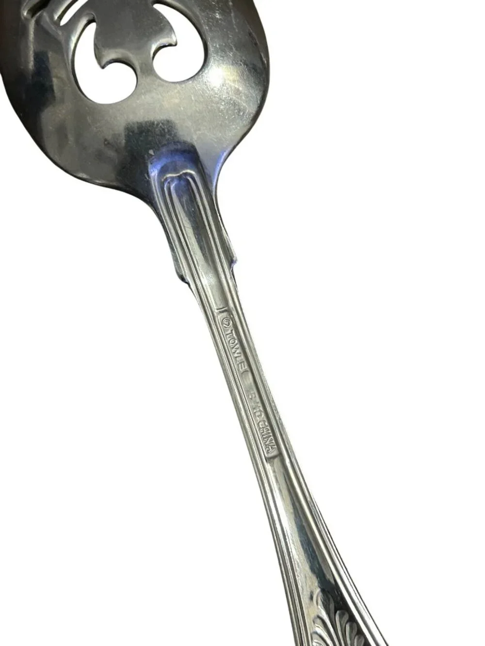 Vintage Silver-Plated Pierced Serving Spoon With Ornate Shell & Floral Handle De